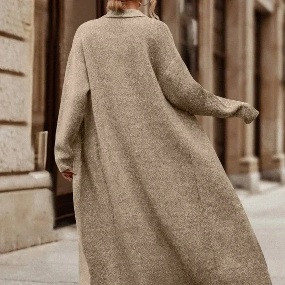 Khaki Preppy Womens Shawl Collar Drop Shoulder Duster Cardigan - Picture 2 of 5